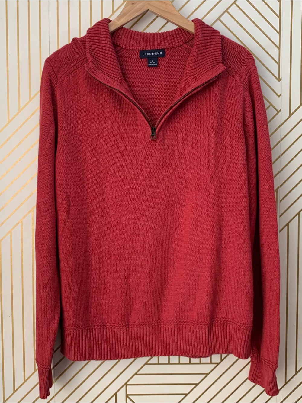 Vintage Lands End Knit Linen Cotton quarter zip Lagenlook Fisherman sweater L
